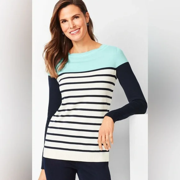 Talbots Colorblock Sweater Navy Blue and Ecru Size M - Picture 2 of 7